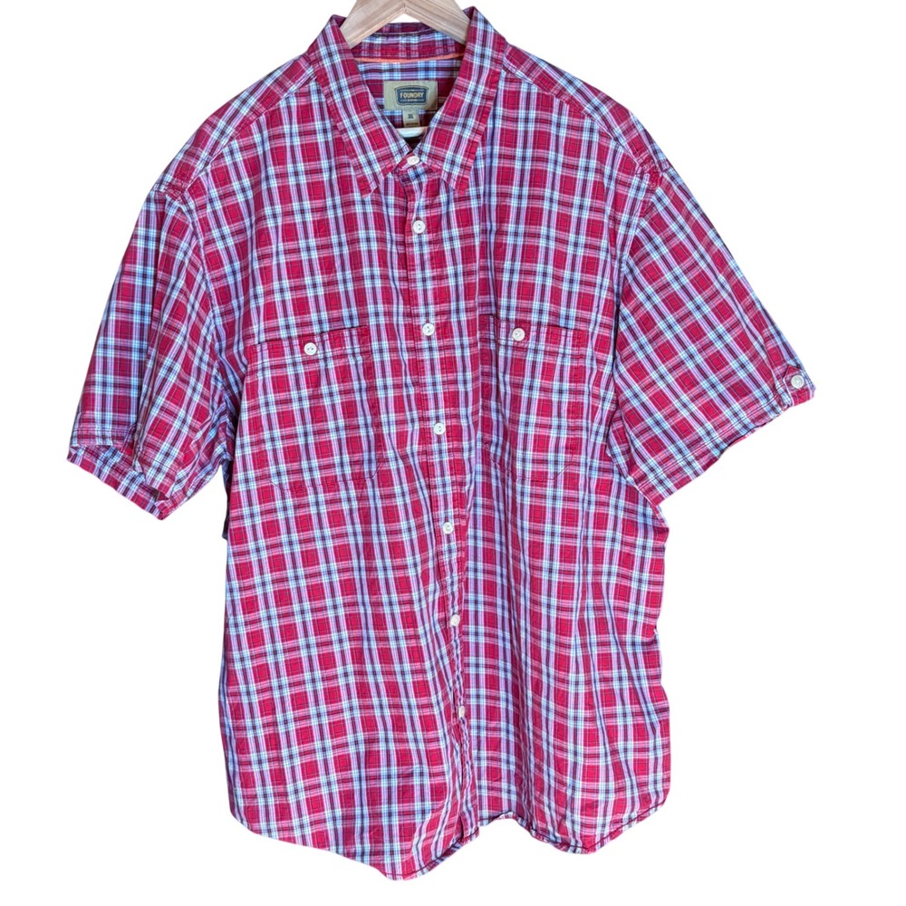 The Foundry Supply Co Red Blue Plaid ShortSleeve ButtonUp Shirt Men's 3XL Cotton